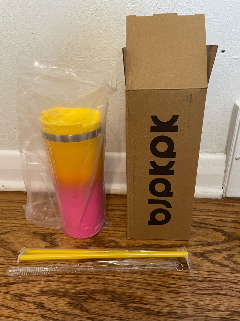 bkr Ombre Yellow to Pink Travel Tumbler with Straw